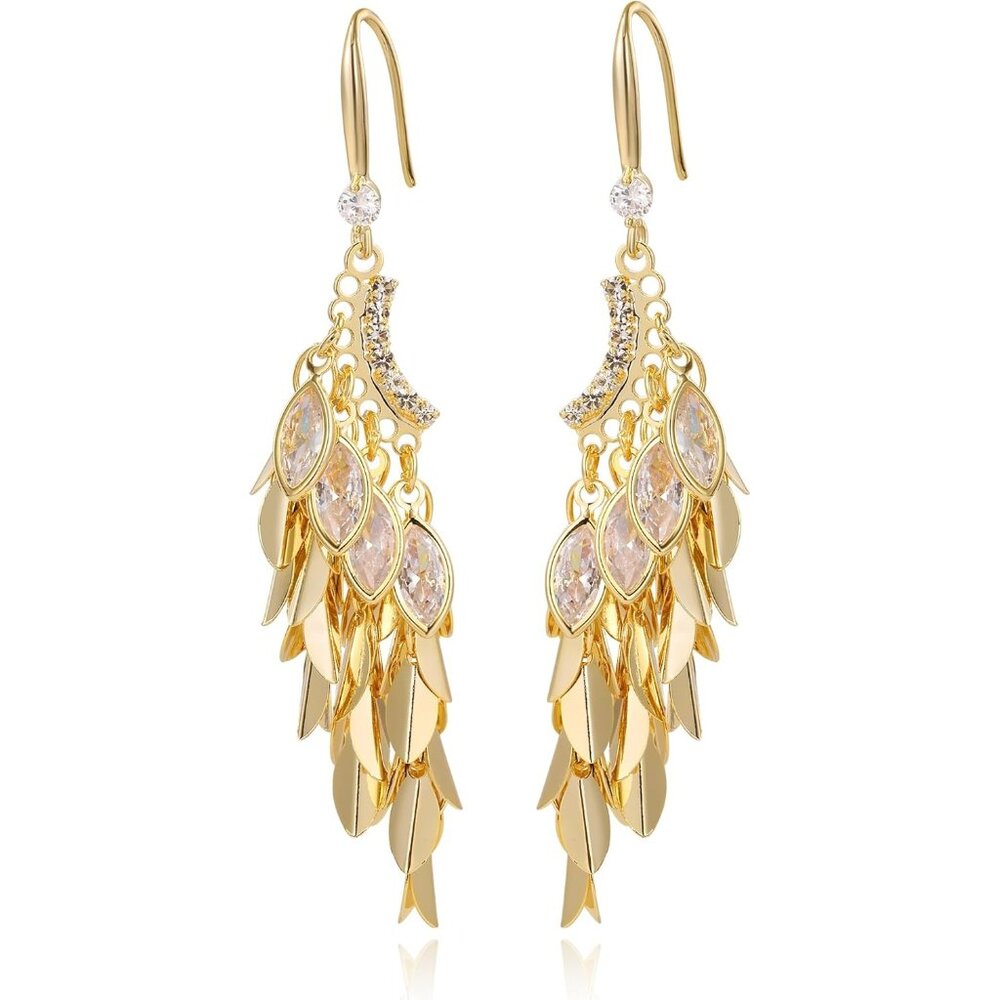 🆕Women's Leaf Dangle Elegant 14k Gold Plated Brass Linear Earrings